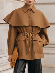 Old Money Detachable Cape Collar Waist Drawstring Woolen Jacket
