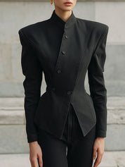 Deconstructed Washed Denim Stand Collar Diagonal Placket X-fit Waisted Jacket