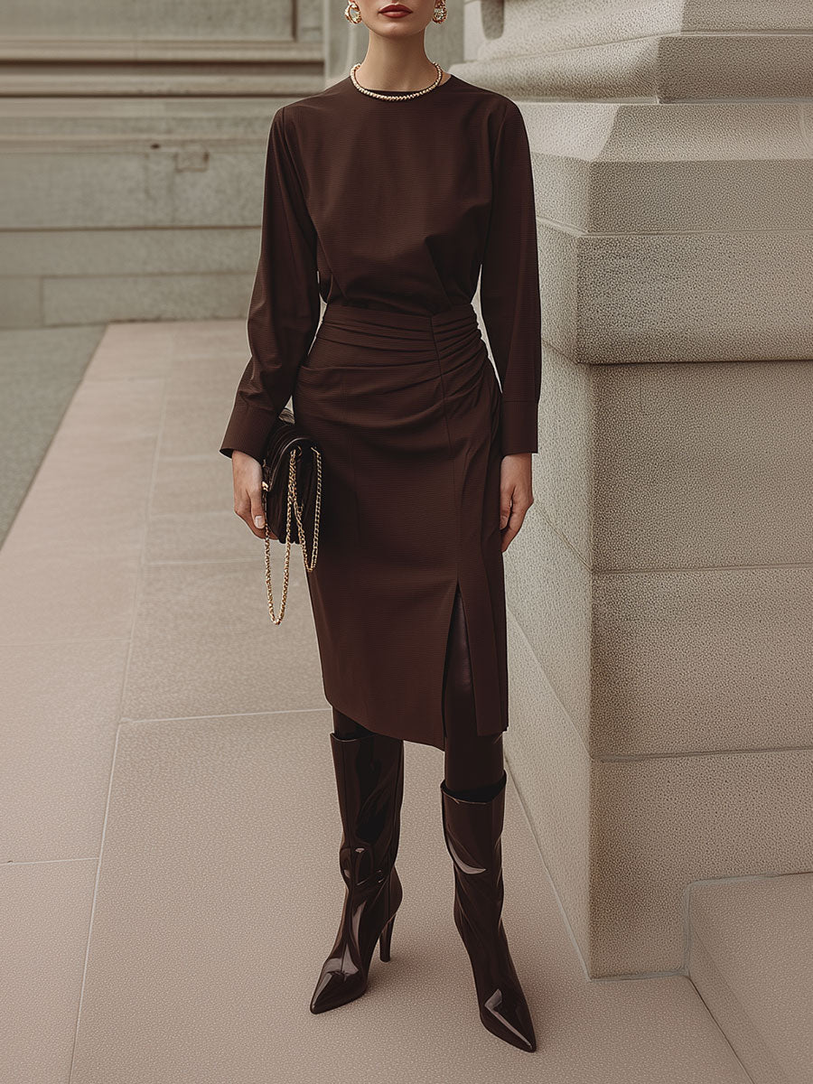 Deconstructed Pleated Waist Midi Dress With Front Slit