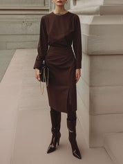 Deconstructed Pleated Waist Midi Dress With Front Slit