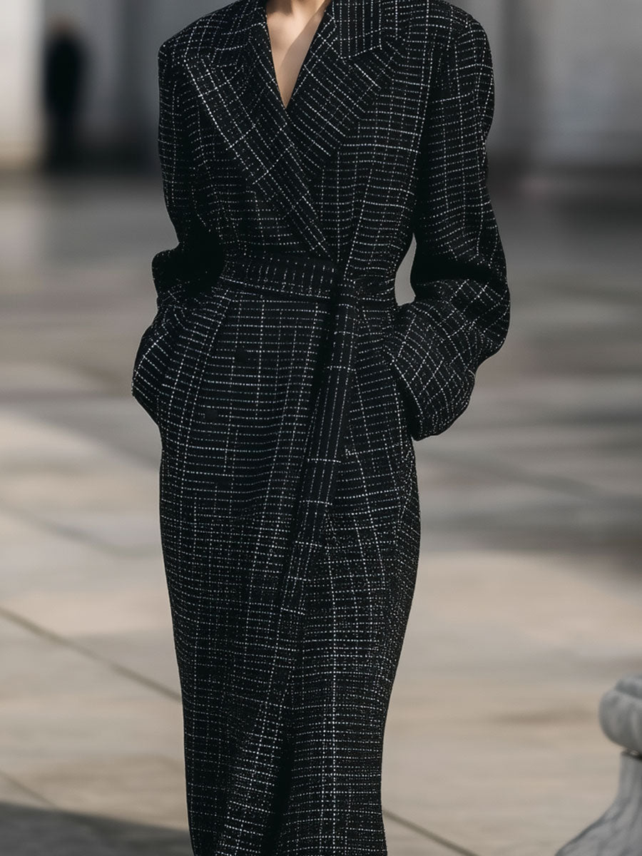 Minimalist Plaid Cocoon Wool Mid-length Coat With Belt