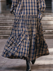 Classic Oversized Stand-up Collar Plaid Print Pleat Stitching Maxi Dress