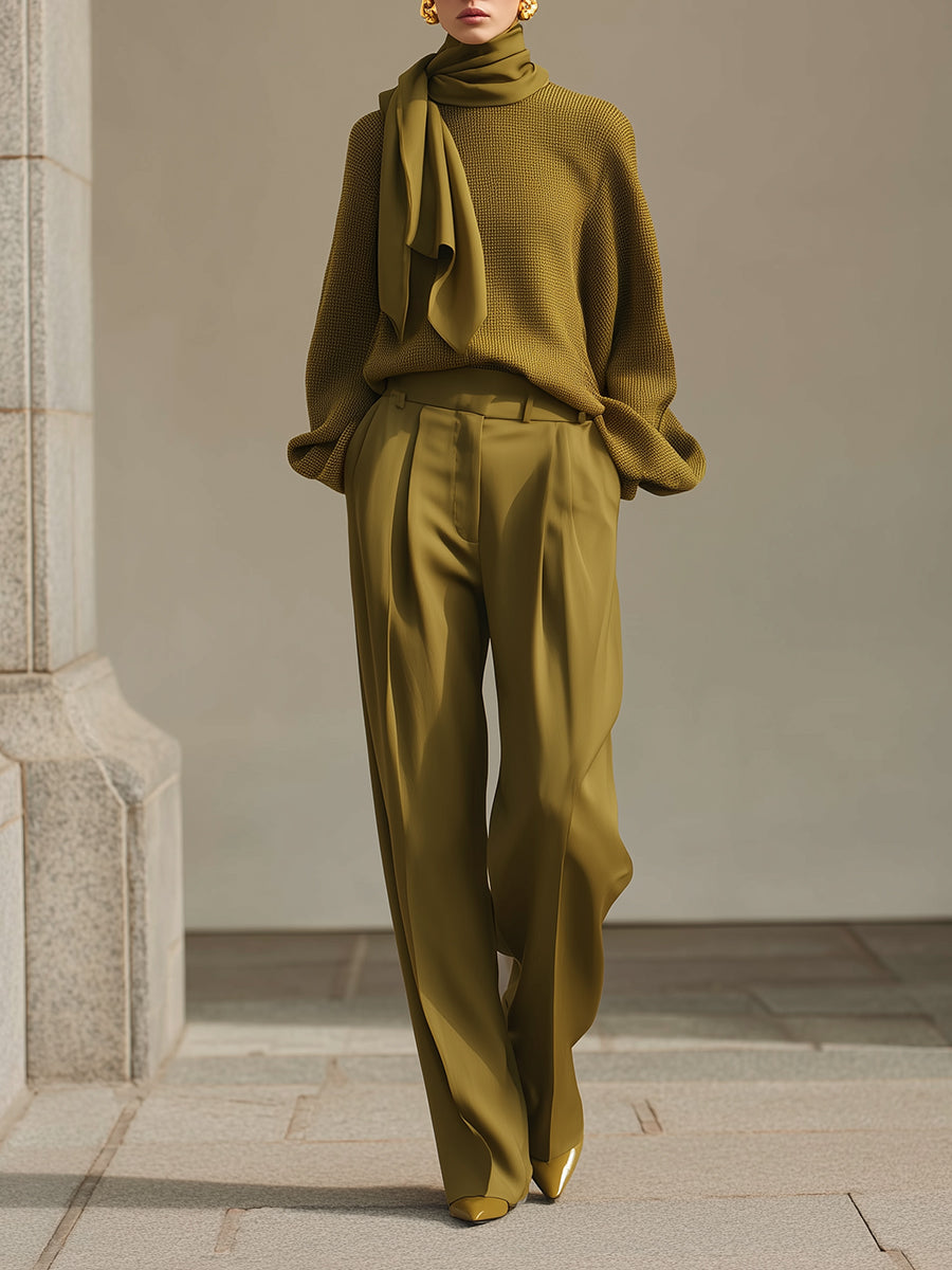 Stylish Waffle Scarf Collar Top & Satin Pleated Straight Pants Set