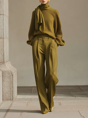 Stylish Waffle Scarf Collar Top & Satin Pleated Straight Pants Set