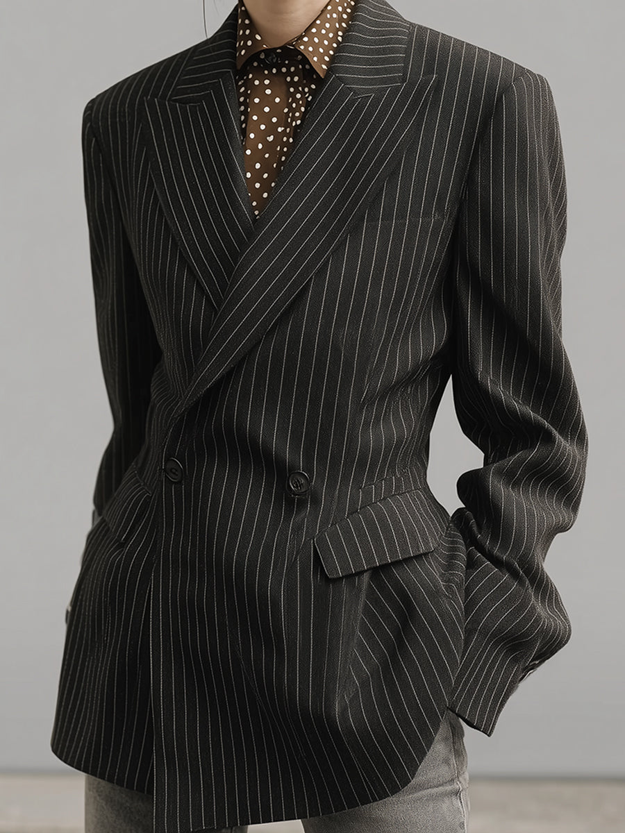 Classic Old Money Striped Lapel Straight Blazer