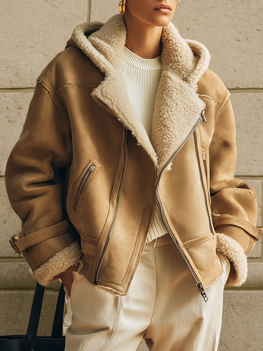 Old Money Eco-friendly Suede Patchwork Oversized Hooded Jacket