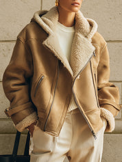 Old Money Eco-friendly Suede Patchwork Oversized Hooded Jacket