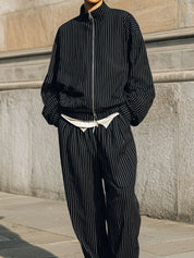 Casual Pinstripe Stand Collar Oversized Jacket & Straight Pants Set