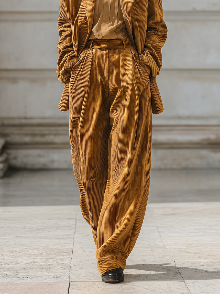 Old Money Corduroy Lapel Blazer & Pleated Waist Loose Wide Leg Pants Set