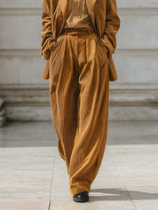 Old Money Corduroy Lapel Blazer & Pleated Waist Loose Wide Leg Pants Set