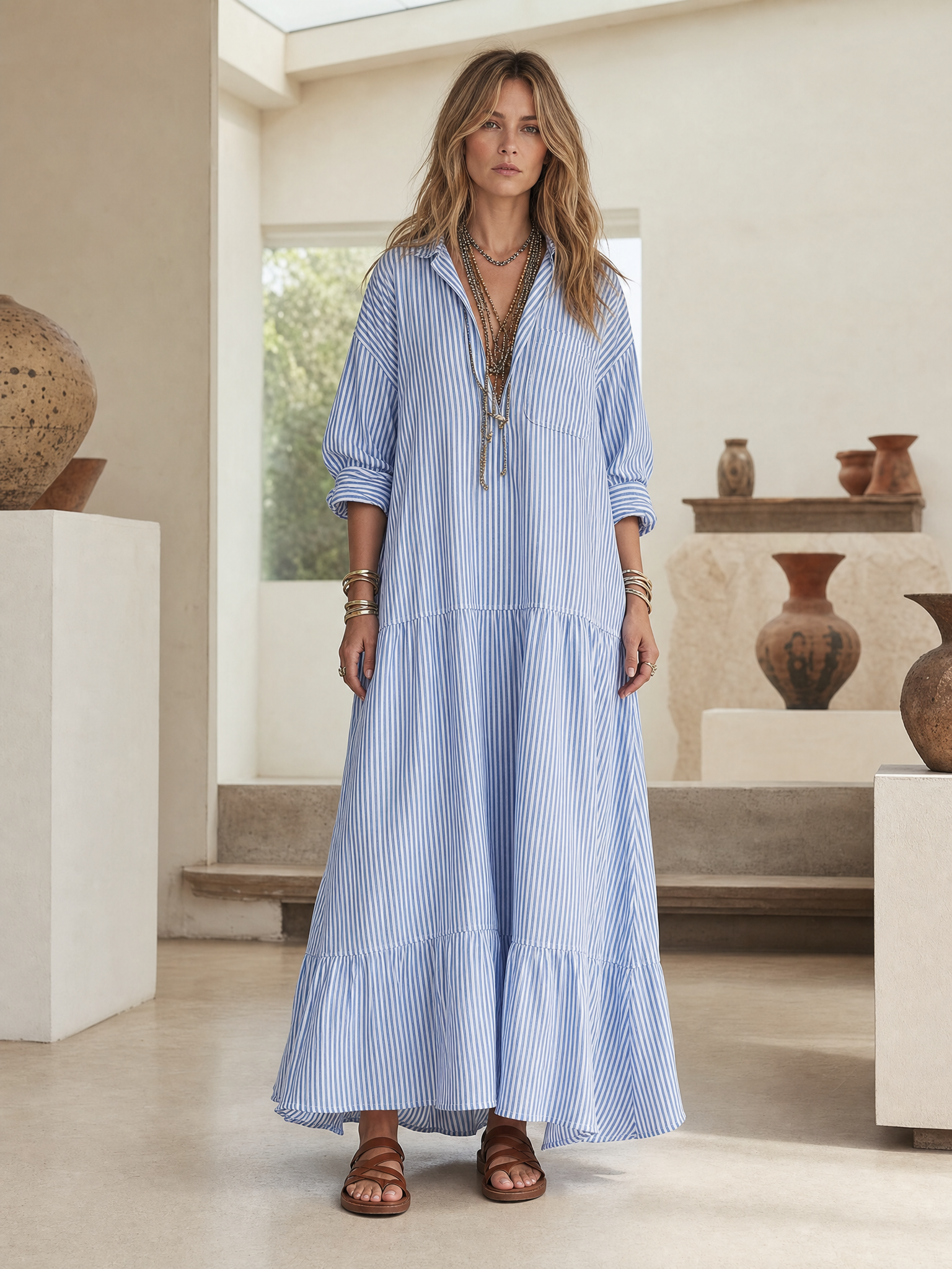 Blue Stripe Relaxed Shirt Maxi Dress