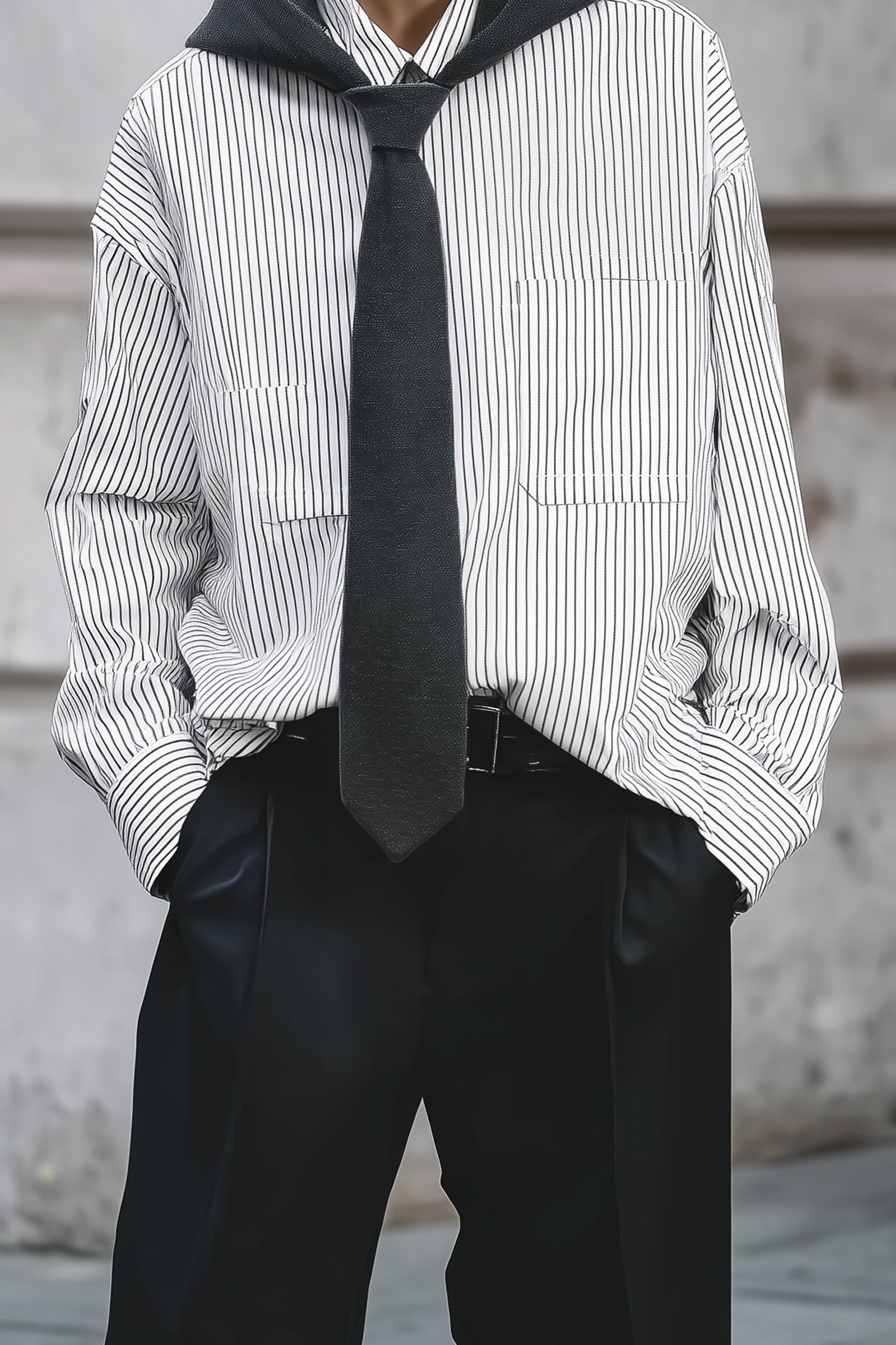 90s Minimalist Striped Power Shirt Hoodie With Integrated Tie
