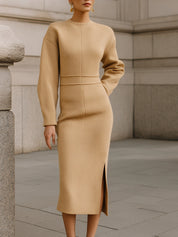 Minimalist Slimming High Neck Textured Wool Midi Dress