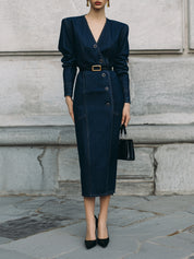 Deconstructed Diagonal Placket Washed Denim Shoulder Pad Midi Dress