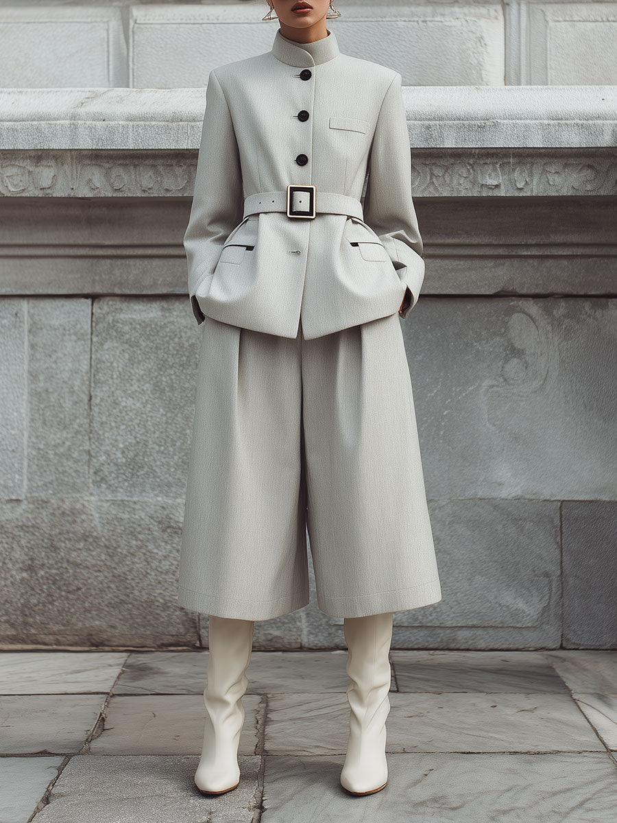 Commuter Stand Collar Single Breasted Jacket & Loose Capri Pants Set