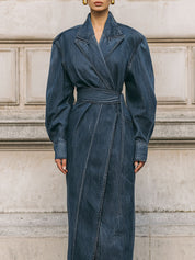 Casual Deconstructed Acid Wash Denim Diagonal Placket Cocoon Waist Coat With Belt