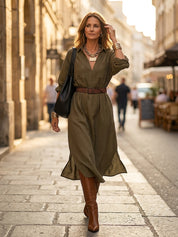 Effortless Chic Textured Cotton Roll-Sleeve Utility Belted Khaki Green Midi Dress
