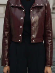 Vintage Minimal Cropped Metal Studs Eco-friendly Patent Leather Jacket