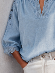 Delicate Sky Blue Lace Trim Blouse