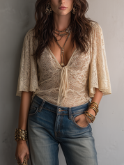 Resort Ivory Lace Flutter Sleeve Bodysuit Top