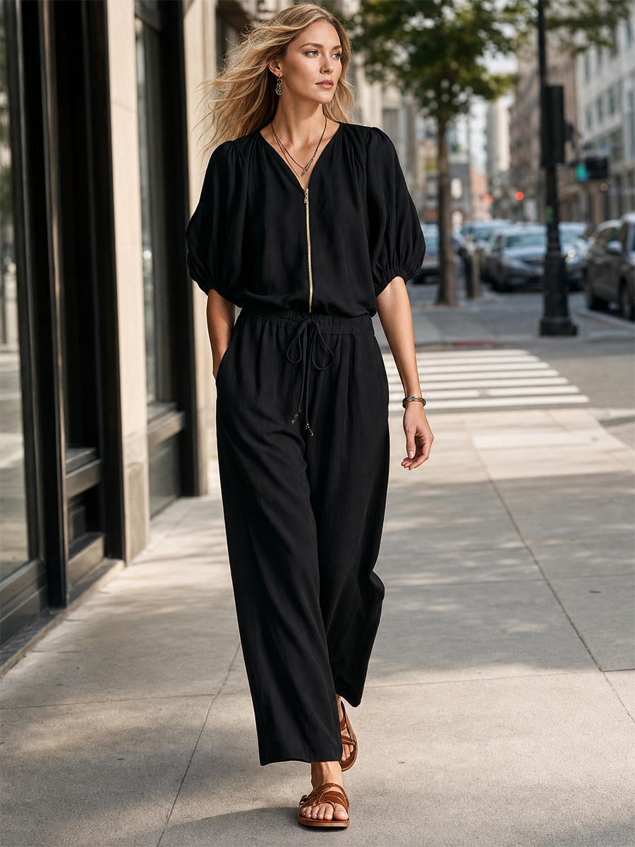 Relaxed Luxe Black Utility Pocket Jumpsuit