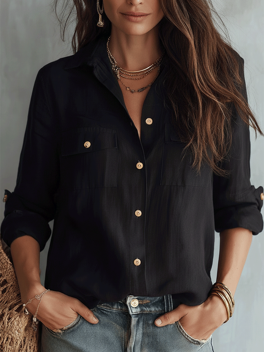 Casual Elegance Black Cotton-Linen Pocket Shirt