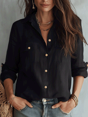 Casual Elegance Black Cotton-Linen Pocket Shirt