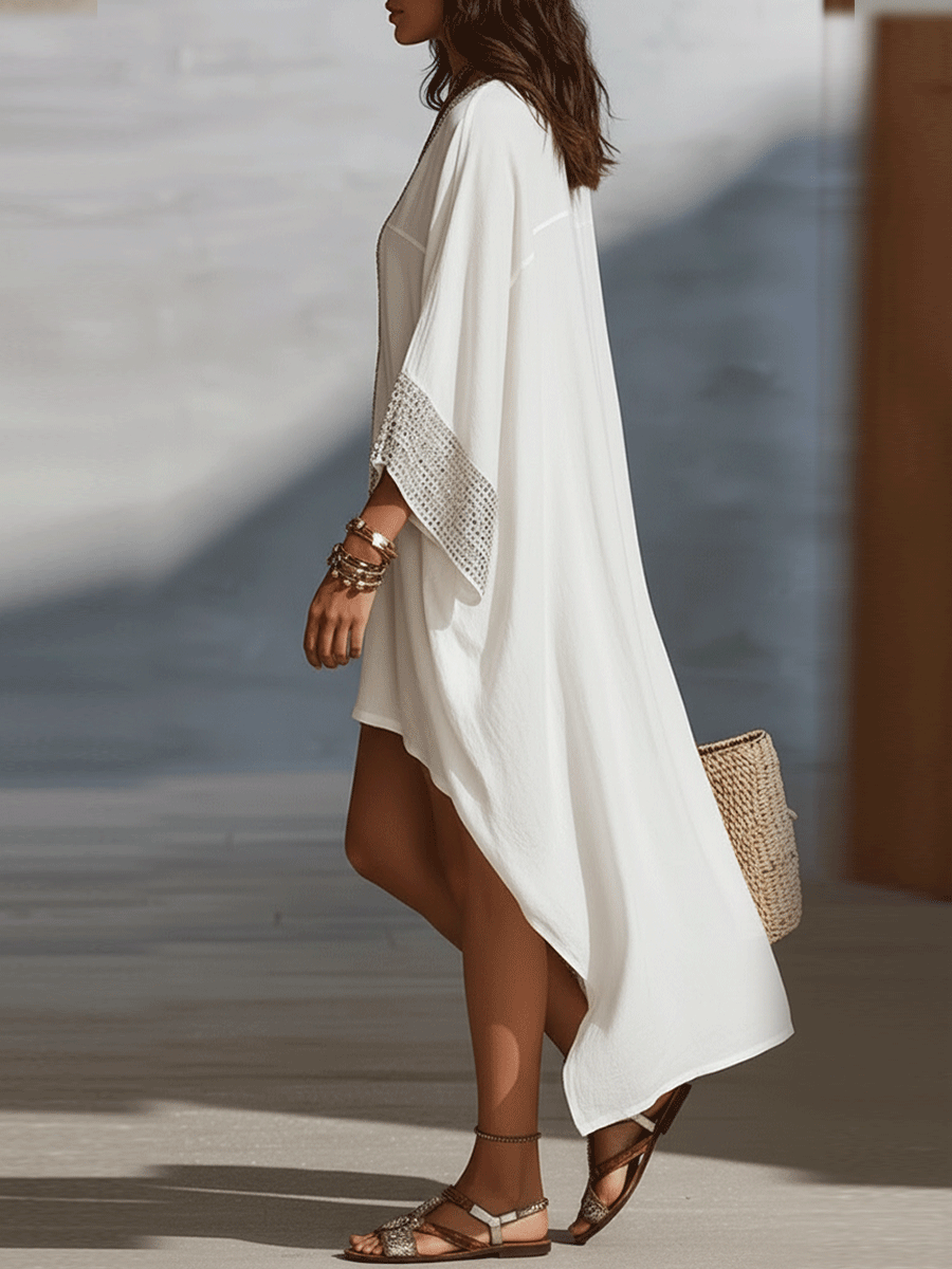 Effortless Boho V-Neck Ivory Kaftan Dress