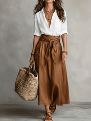 Effortless Boho Black Blouse & Olive Satin Midi Skirt Set