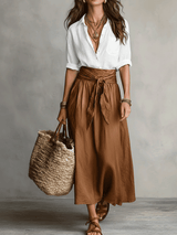 Effortless Boho Black Blouse & Olive Satin Midi Skirt Set