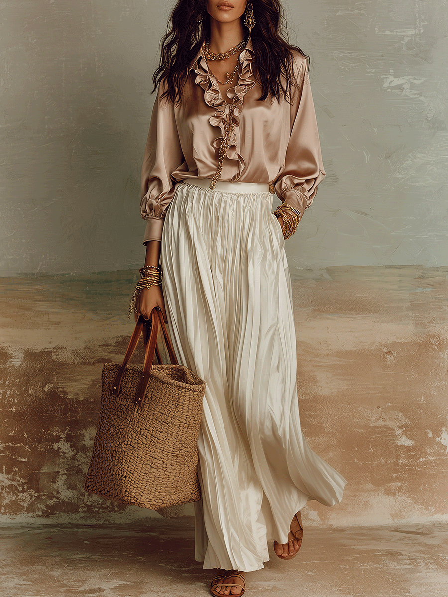 Elegant Ruffle Satin Resort Champagne Blouse And Pleated Skirt Set