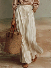 Elegant Ruffle Satin Resort Champagne Blouse And Pleated Skirt Set