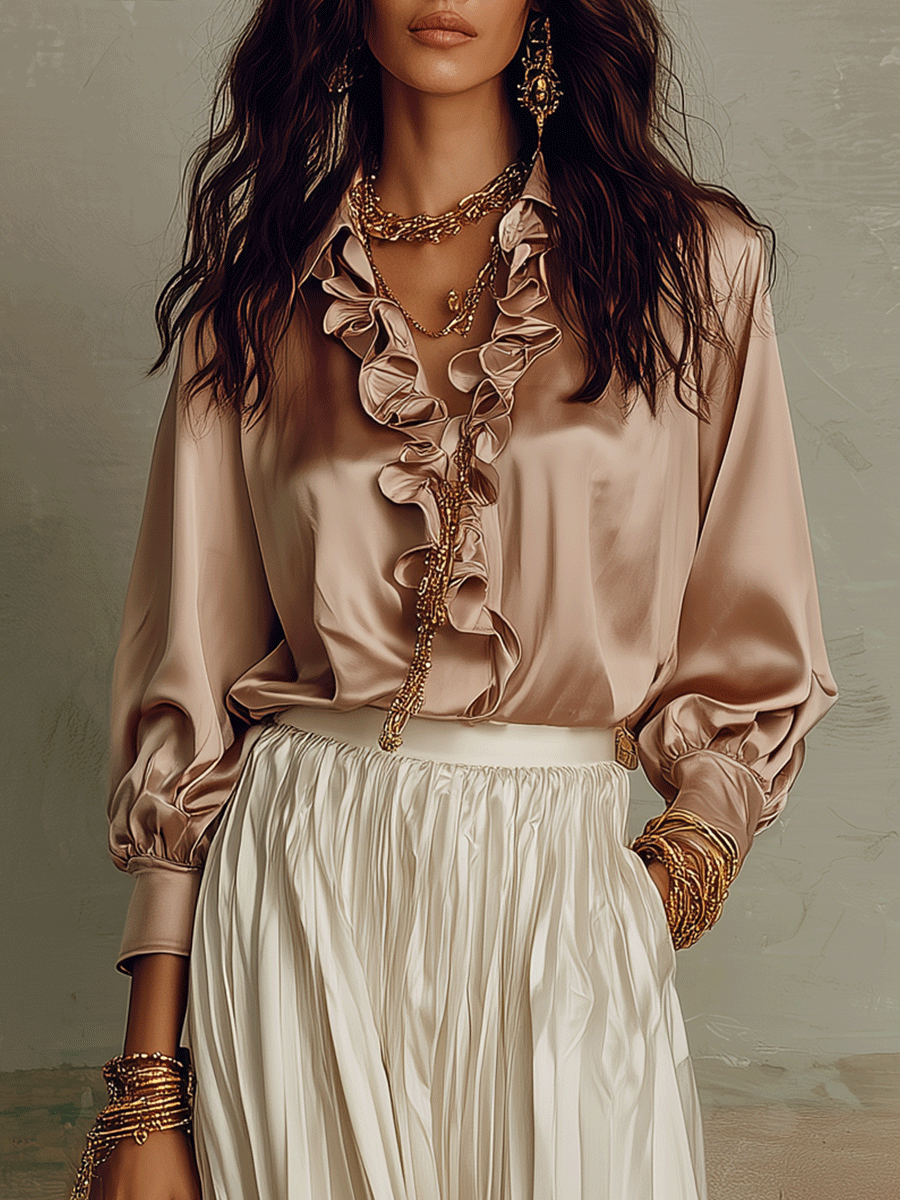 Elegant Ruffle Satin Resort Champagne Blouse And Pleated Skirt Set