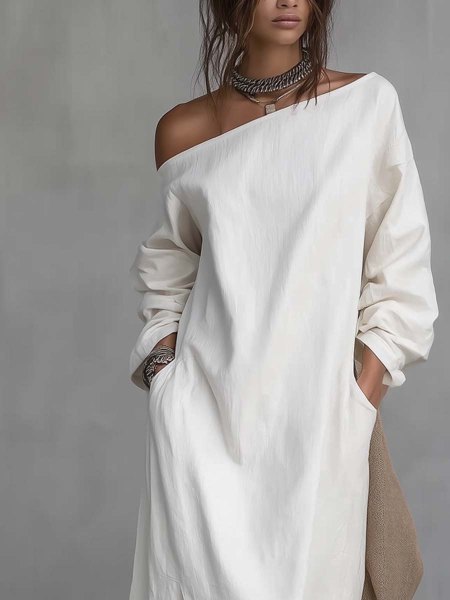 Loose-fitting One Shoulder Split Hem Cotton Linen Midi Dress