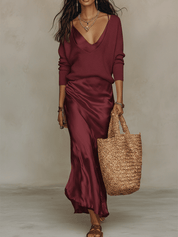 Effortless Ivory Knit & Satin Midi Ensemble