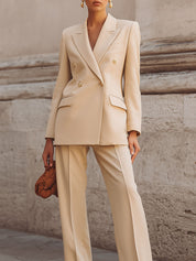 Minimalist Double-breasted Waisted Blazer & Front Seam Straight Pants Set