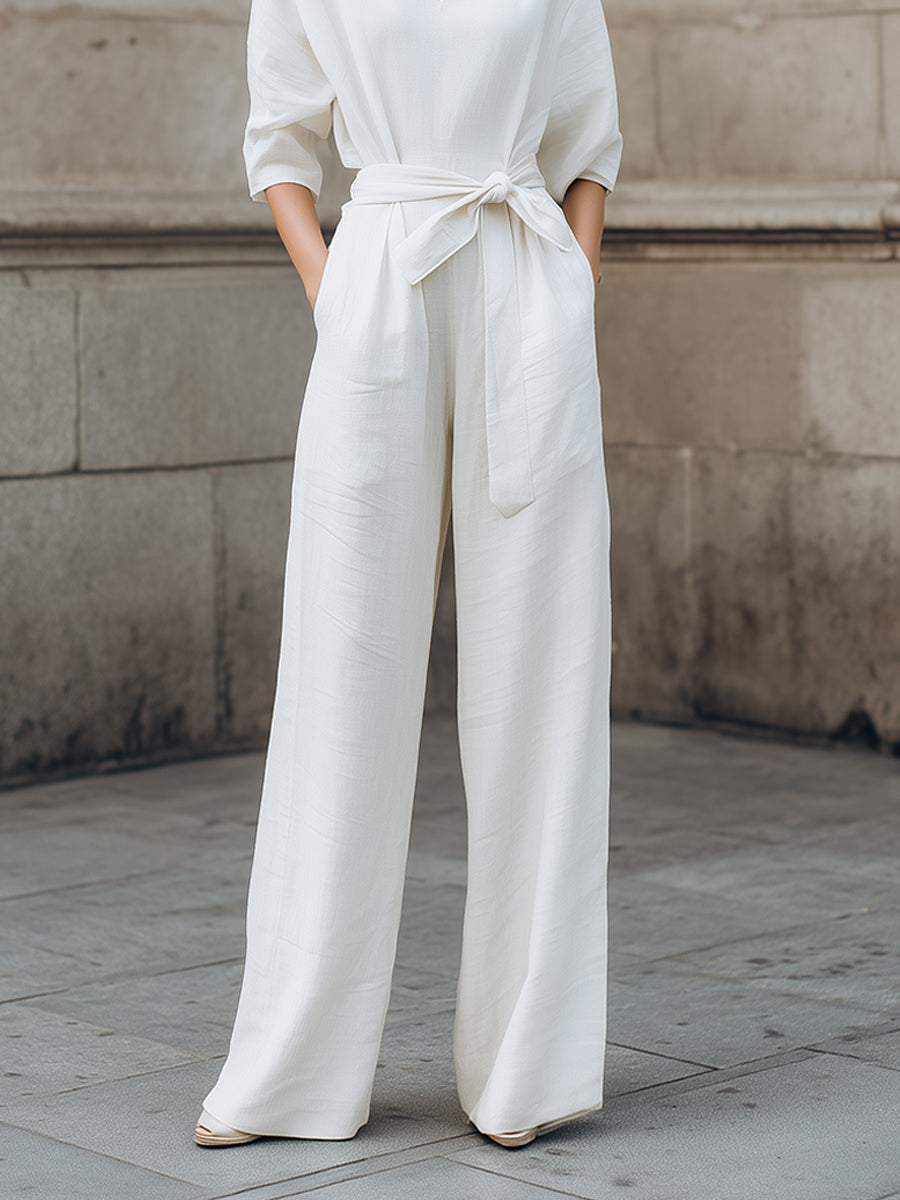 Quiet-Luxury Minimalist Belted Wide-Leg Jumpsuit