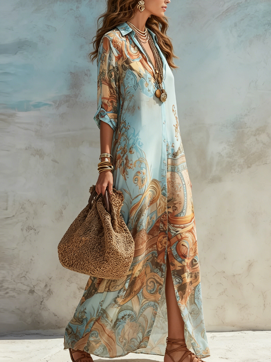 Baroque Style Floral Blue Chiffon Maxi Dress