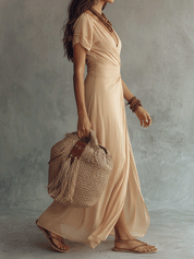 Luxe Chiffon High Slit Soft Beige Draping Maxi Dress