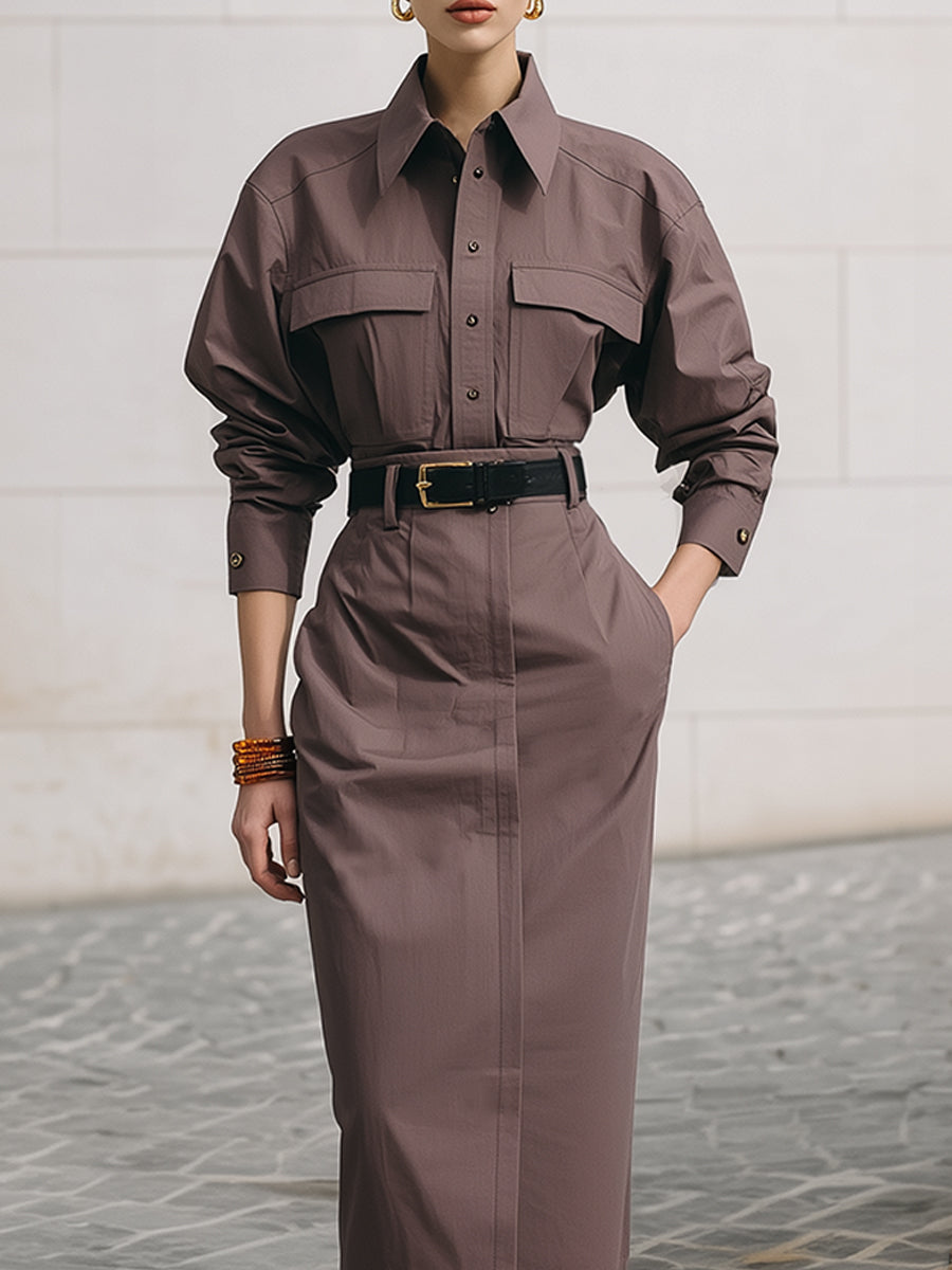 Deconstructed Off-shoulder Cotton Shirt & Side Pocket Midi Pencil Skirt Set