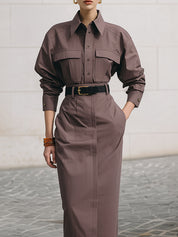 Deconstructed Off-shoulder Cotton Shirt & Side Pocket Midi Pencil Skirt Set