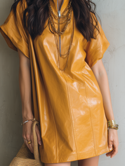 Honey Yellow PU Short-sleeved Dress