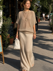 Bohemian Oatmeal Knit Top And Skirt Set