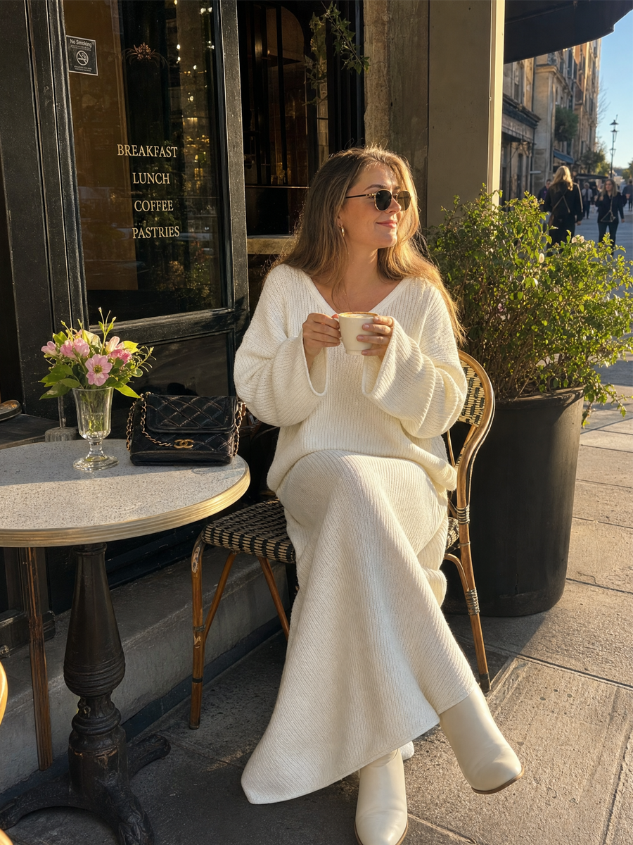 Bohemian White Knit Top And Fishtail Skirt Set