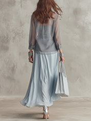 Elegant Dusty Blue Sheer Blouse & Fitted Maxi Dress Co-ord Set