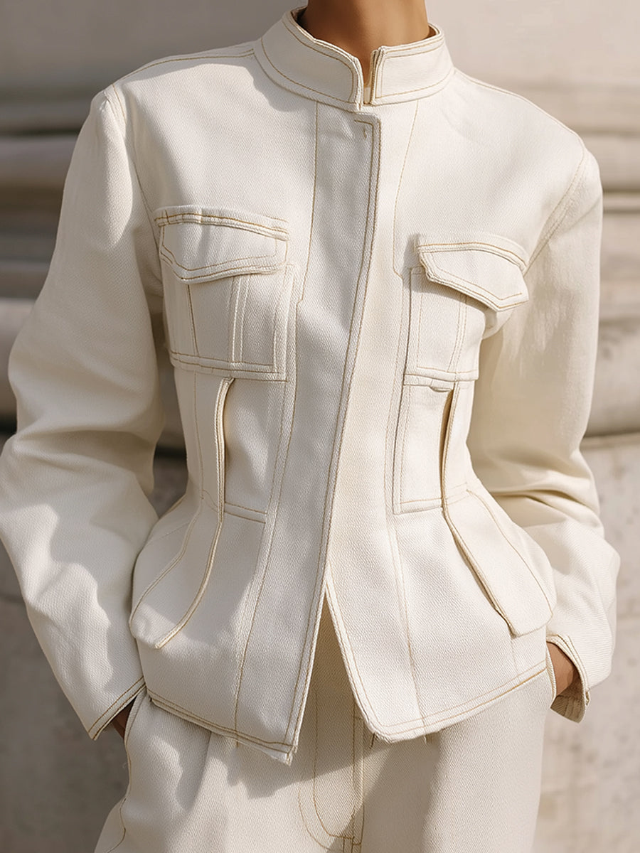 Minimalist Deconstructed Waist-cinched Topstitched Flap Pocket Denim Jacket