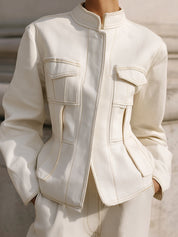 Minimalist Deconstructed Waist-cinched Topstitched Flap Pocket Denim Jacket