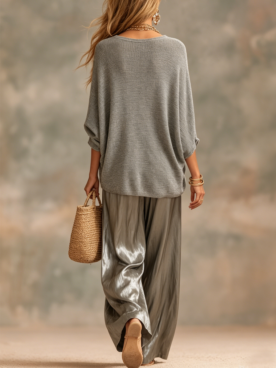 Charcoal Gray Knit Top And Glossy Wide-leg Pants Suit