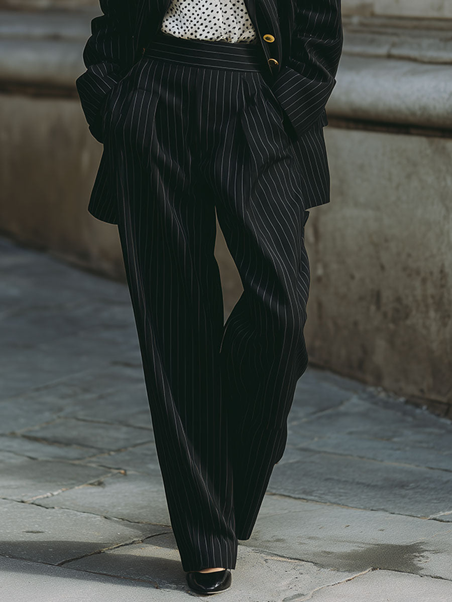 Commuting Minimalist Striped Shoulder Pad Blazer & Straight Pants Set