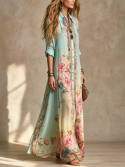 Baroque Style Mint Green Chiffon Floral Maxi Dress